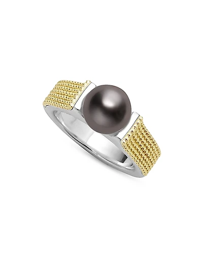 Lagos 18K Yellow Gold & Sterling Silver Luna Black Tahitian Pearl Caviar Bead Ring
