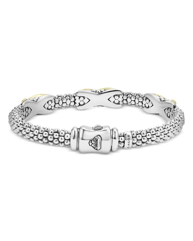 18K Yellow Gold & Sterling Silver Embrace Diamond Pavé X Station Caviar Bead Bracelet