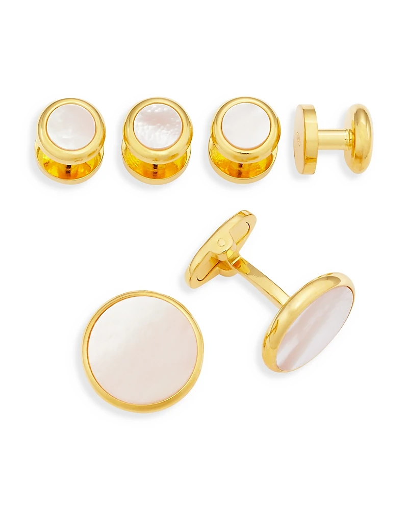 Link Up Gold-Tone Round White Mother-of-Pearl Stud & Cufflink Set