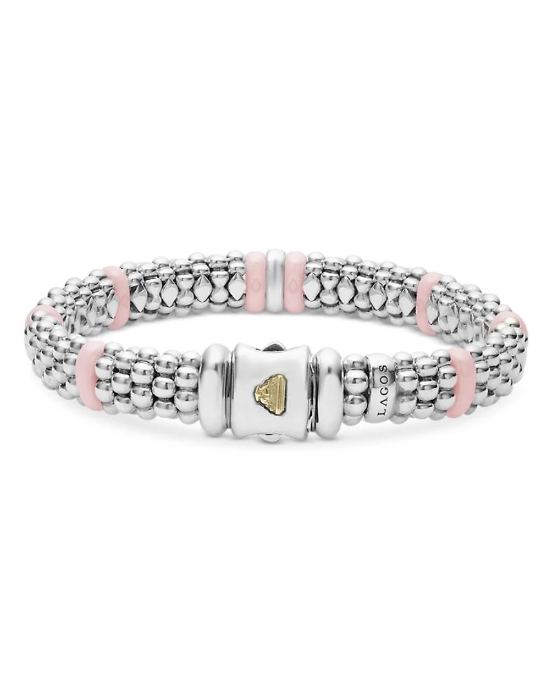 Sterling Silver Pink Caviar Diamond & Ceramic Bead Link Bracelet