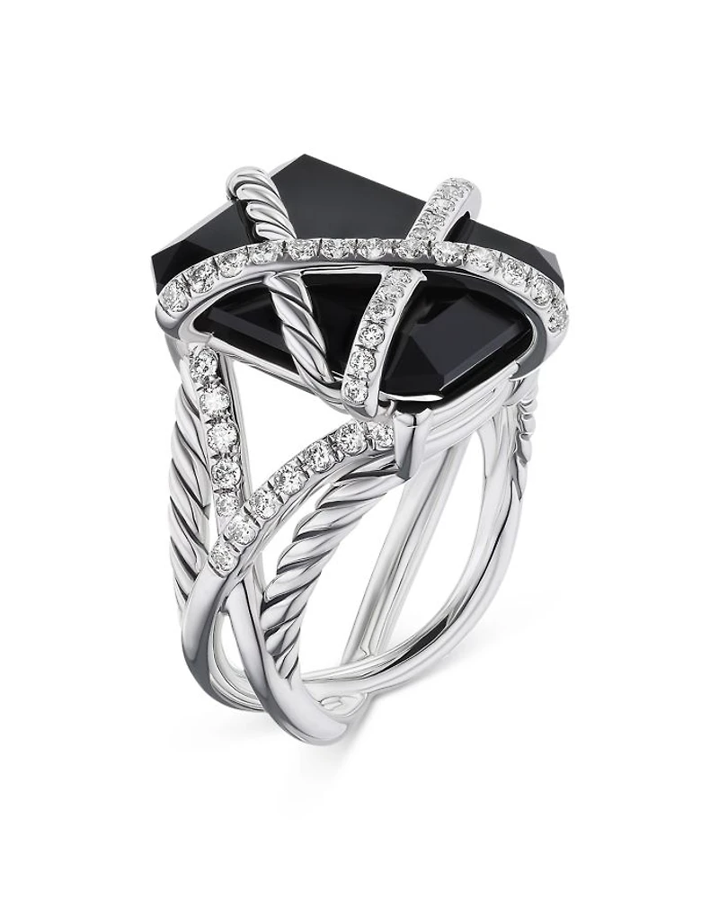 Cable Wrap Ring Sterling Silver with Black Onyx or Crystal & Diamonds, 0.60 tcw