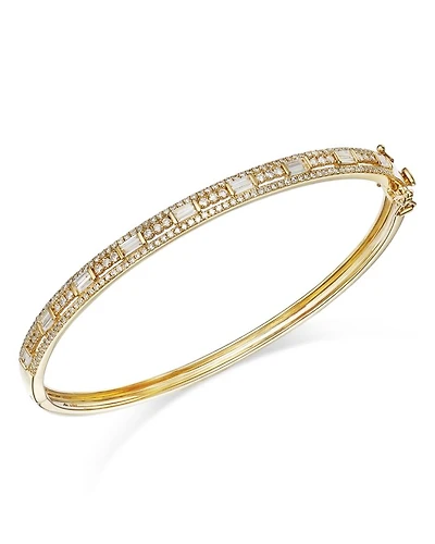 Diamond Round & Baguette Bangle Bracelet in 14K Yellow Gold, 1.0 tcw