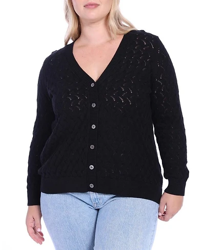 Plus Cotton V-Neck Pointelle Cardigan