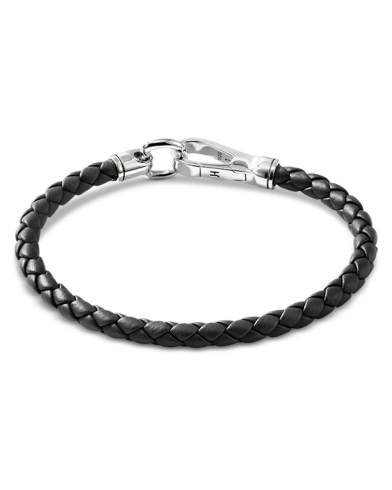 Men's Silver Woven Leather Hook Clasp Bracelet