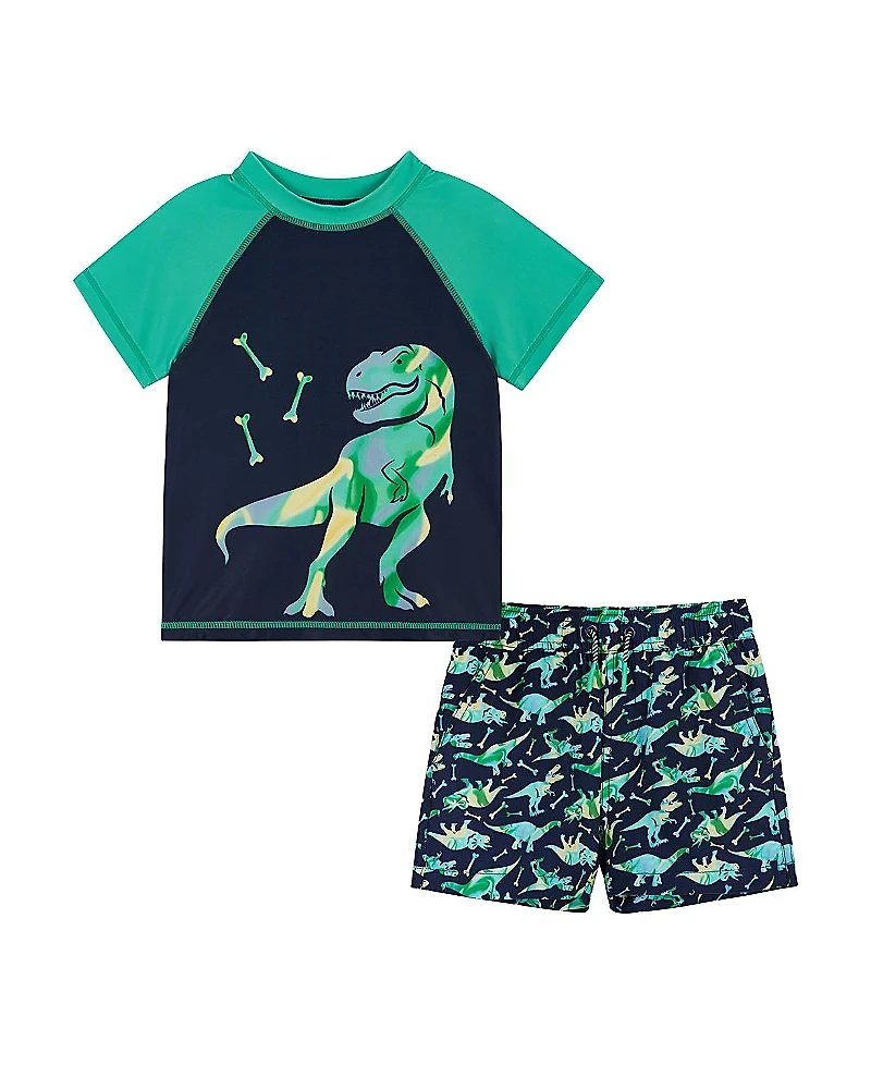 Andy & Evan Boys' Dinosaur Graphic Raglan Rash Guard and Boardshort - Little Kid, Big Kid