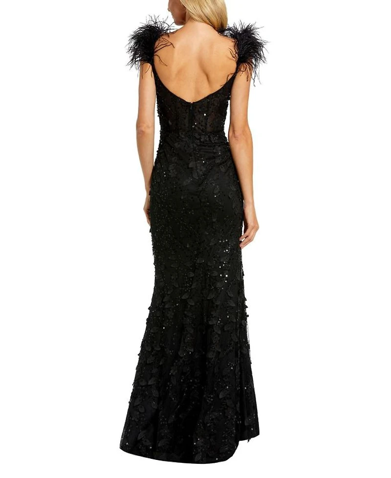 Feather Straps Sheer Applique Bustier Gown