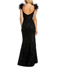 Feather Straps Sheer Applique Bustier Gown
