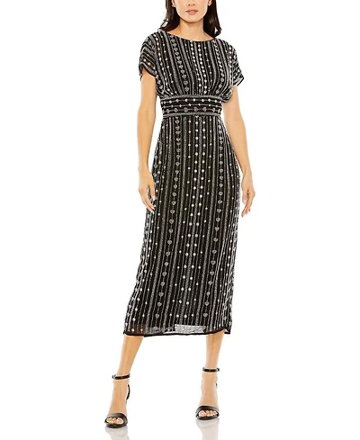 Beaded Cap Sleeve Column Midi Dress