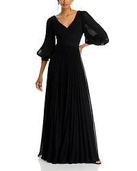 Teri Jon by Rickie Freeman Chiffon Pleated V Neck Gown