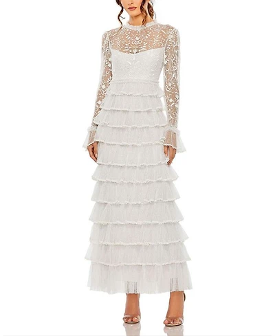 Embroidered Long Sleeve Ruffled Tiered Dress
