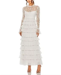 Embroidered Long Sleeve Ruffled Tiered Dress