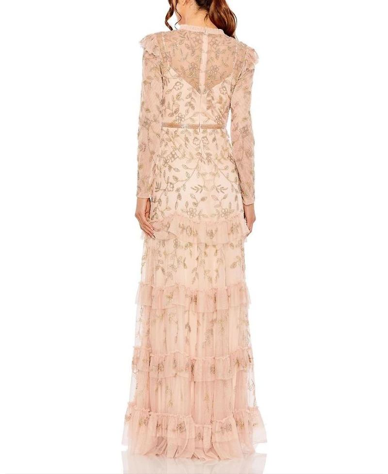 High Neck Flutter Cap Long Sleeve Tiered Embellished Gown