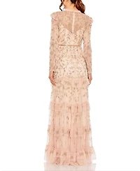 High Neck Flutter Cap Long Sleeve Tiered Embellished Gown