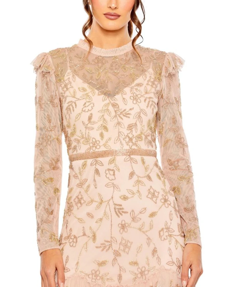 High Neck Flutter Cap Long Sleeve Tiered Embellished Gown