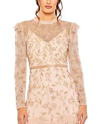 High Neck Flutter Cap Long Sleeve Tiered Embellished Gown