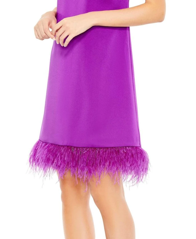 Feathered Hem High Neck Sleeveless A Line Dress