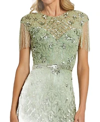 High Neck Sleeveless Beaded Fringe Fitted Gown