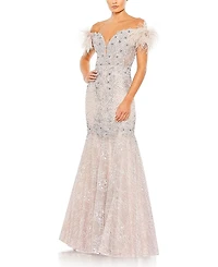 Mac Duggal Feathered Crystal Embellished Sleeveless Gown