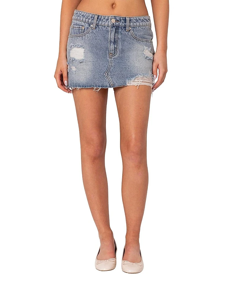 Edikted Ginnie Low Rise Distressed Denim Mini Skirt