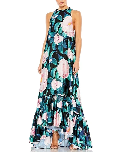 Mac Duggal Floral Printed High Neck Babydoll Dress