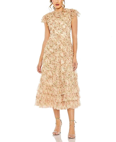 Mac Duggal Ruffle Tiered Short Sleeve A Line Dress