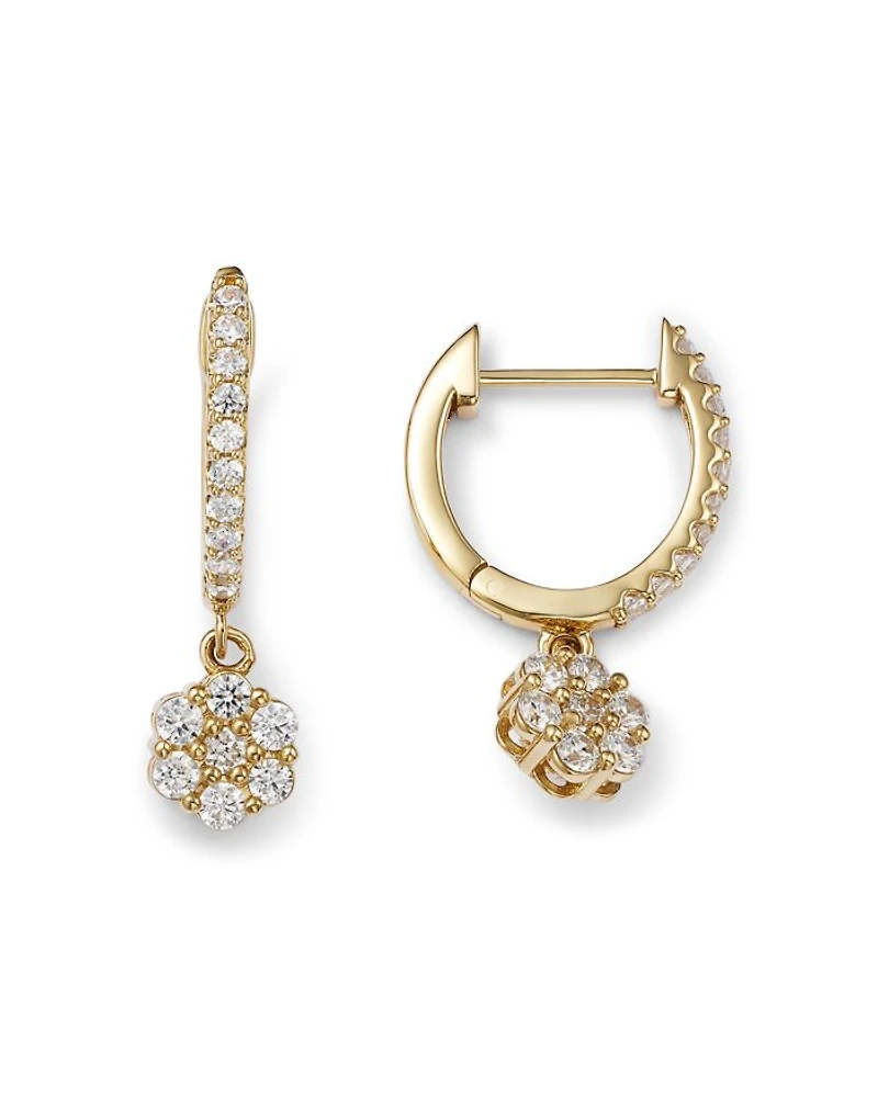 Diamond Flower Dangle Hoop Earrings in 14K Yellow Gold