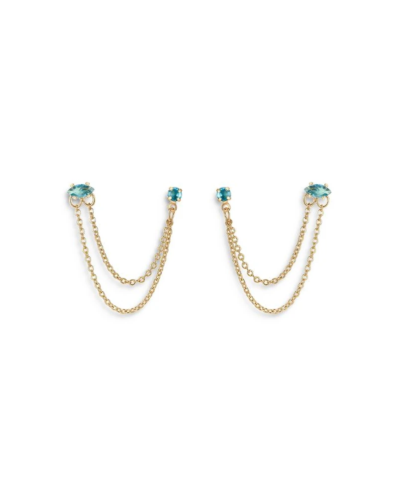 Blue Crystal & Looped Chains Double Piercing Drop Earrings in 18K Gold Plated