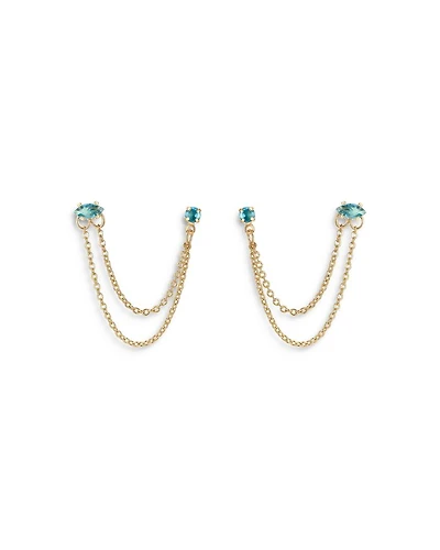 Blue Crystal & Looped Chains Double Piercing Drop Earrings in 18K Gold Plated