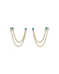 Blue Crystal & Looped Chains Double Piercing Drop Earrings in 18K Gold Plated
