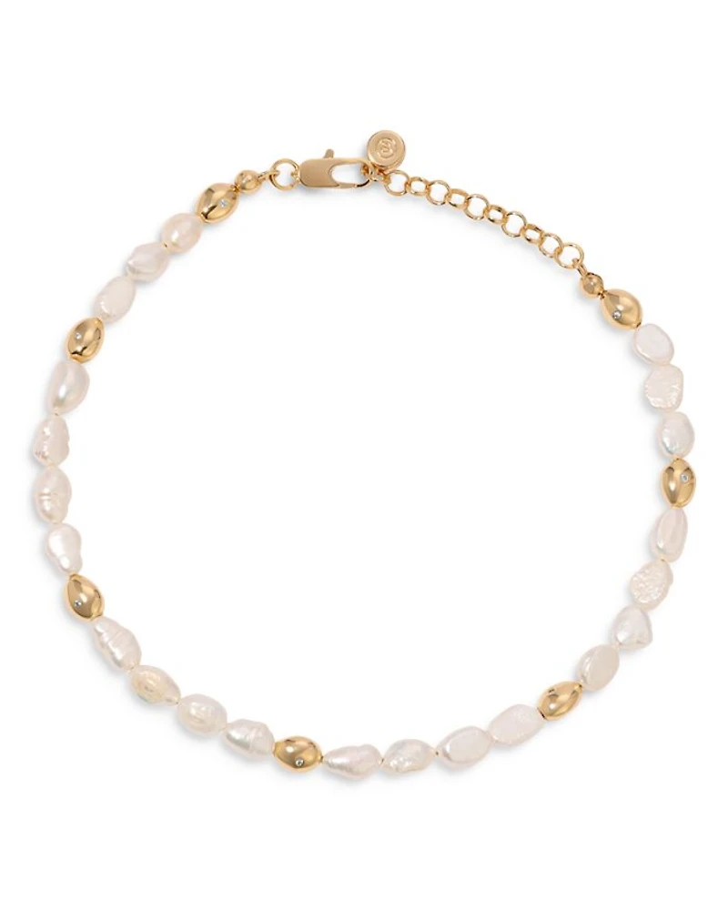 Pavé & Cultured Freshwater Pearl Polished Pebble Beaded Ankle Bracelet in 18K Gold Plated