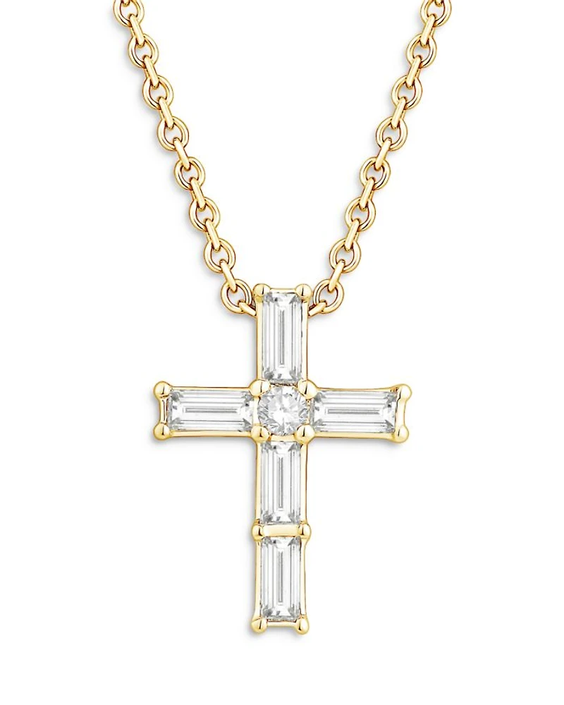 Diamond Baguette & Round Cross Pendant Necklace in 14K Yellow Gold, 0.16 tcw