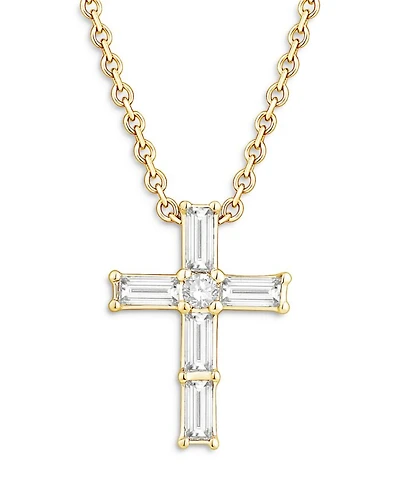 Diamond Baguette & Round Cross Pendant Necklace in 14K Yellow Gold, 0.16 tcw