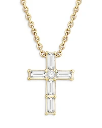 Diamond Baguette & Round Cross Pendant Necklace in 14K Yellow Gold, 0.16 tcw