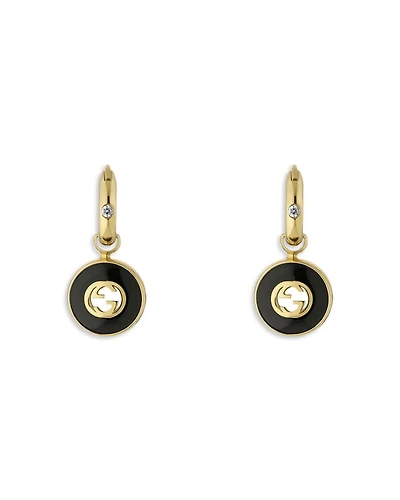 18K Yellow Gold Interlocking Onyx & Diamond Dangle Hoop Earrings