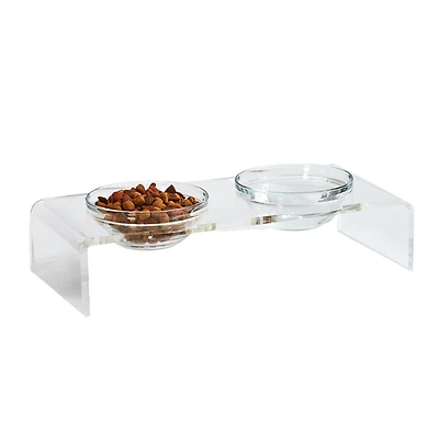 Small Clear Double Glass Bowl Pet Feeder, 1 Pint Bowls