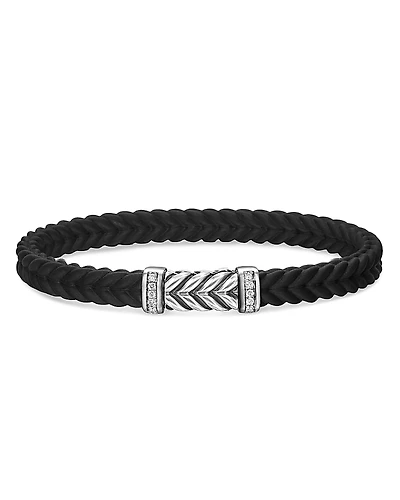 David Yurman Men's Sterling Silver Chevron Diamond Woven Black Rubber Bracelet