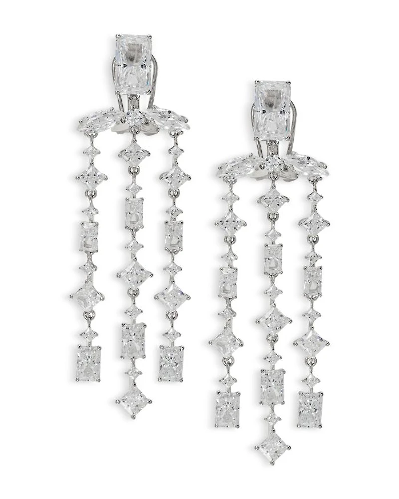 Rare Jewels Cubic Zirconia Triple Row Chandelier Earrings in Rhodium Plated