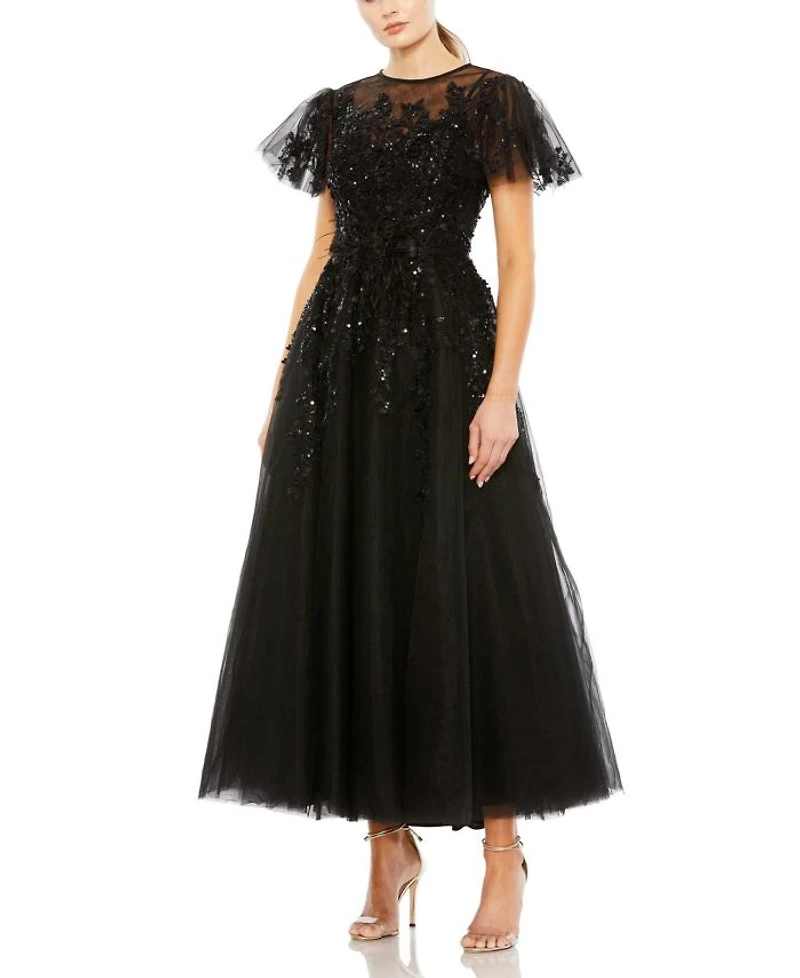 Embellished Flutter Sleeve Bow Waist A Line Dress