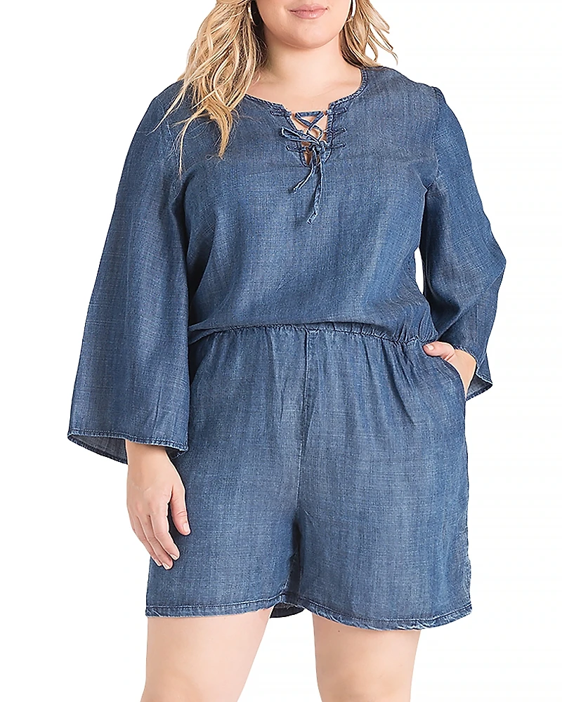 standards & practices Plus Bell Sleeve Lace Up Denim Romper
