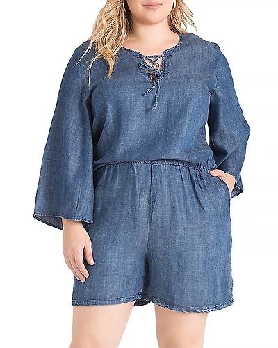 standards & practices Plus Bell Sleeve Lace Up Denim Romper