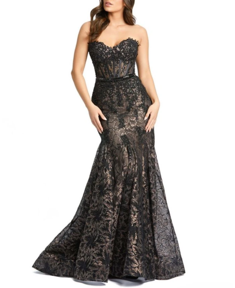 Strapless Sweetheart Lace Embellished Beaded Trumpet Gown