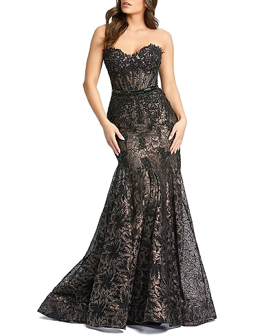 Mac Duggal Strapless Sweetheart Lace Embellished Beaded Trumpet Gown