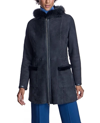 Hooded Shearling Lamb Jacket with Zipper