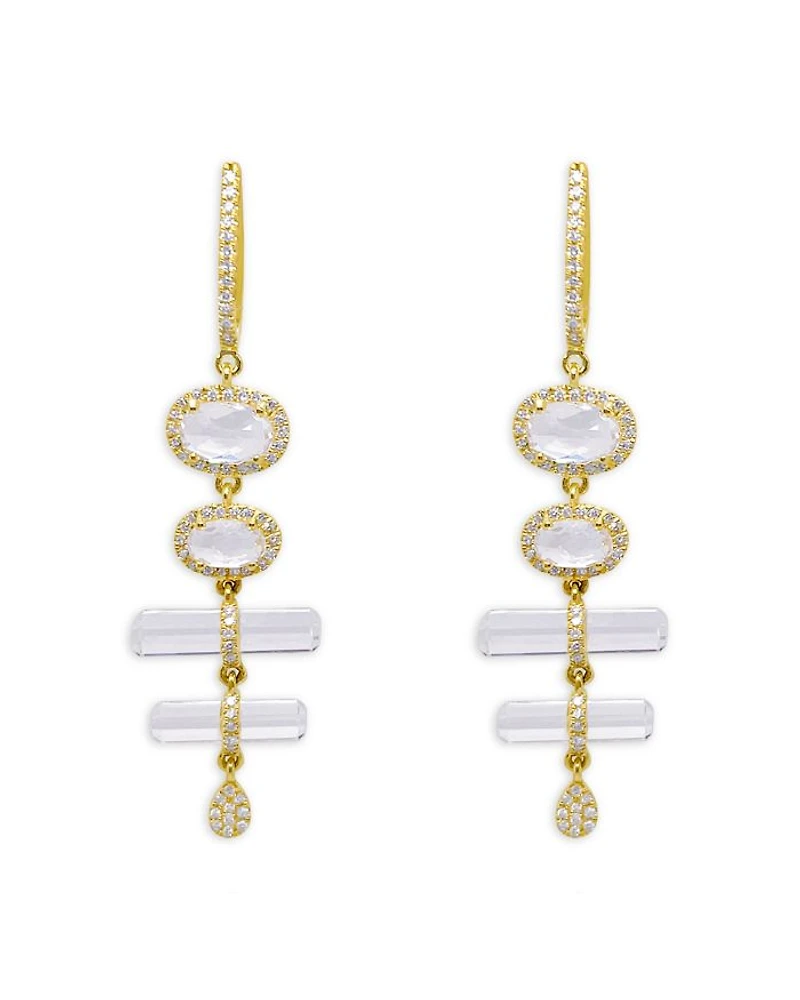 14K Yellow Gold White Topaz & Diamond Halo Dangle Huggie Hoop Earrings