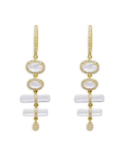 14K Yellow Gold White Topaz & Diamond Halo Dangle Huggie Hoop Earrings