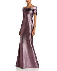Metallic Jacquard Twist Bodice Off-the-Shoulder Gown