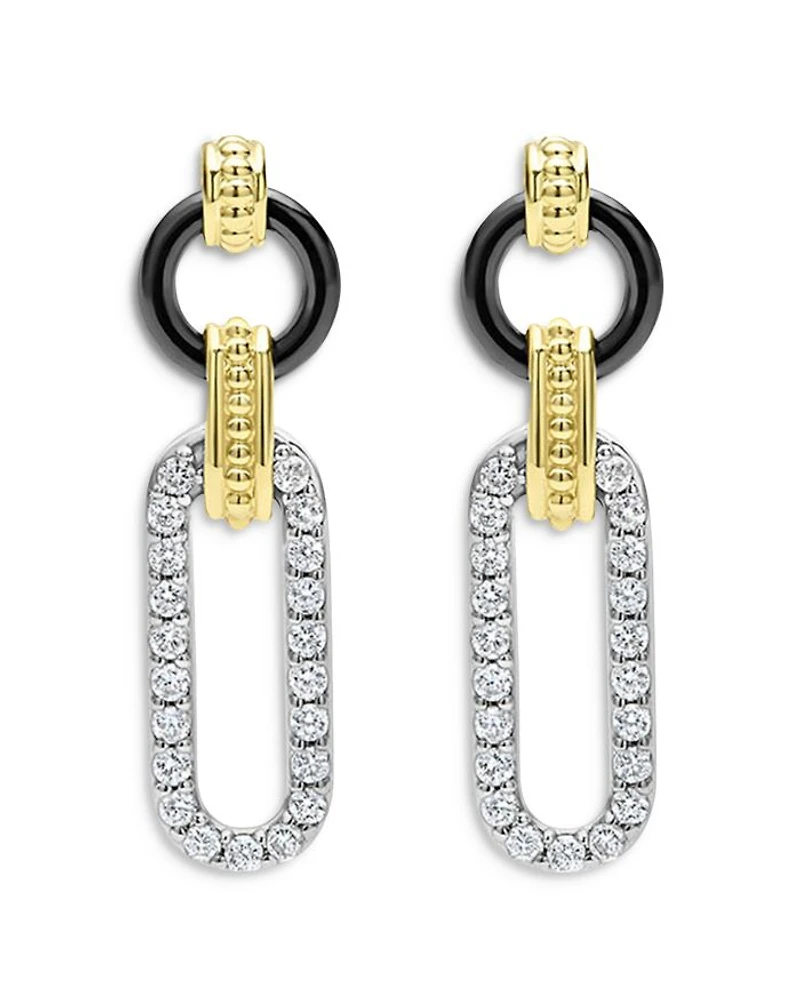 18K Gold Signature Caviar Diamond & Black Ceramic Link Drop Earrings
