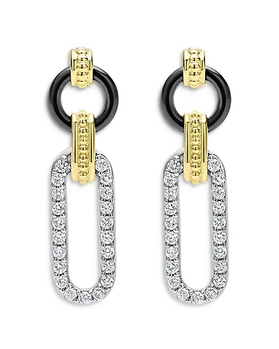 18K Gold Signature Caviar Diamond & Black Ceramic Link Drop Earrings