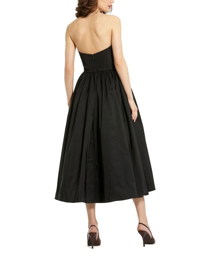 Strapless Faille A-Line Rose Detailed Midi Dress