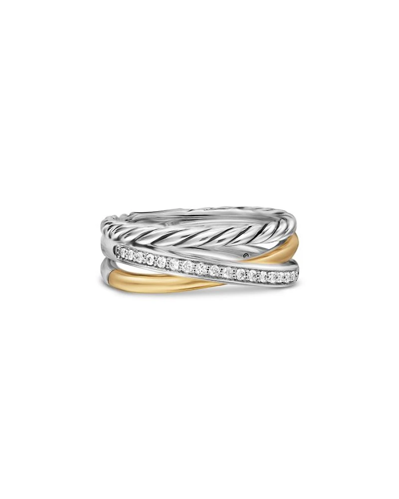 Crossover Three Row Ring Sterling Silver with 18K Yellow Gold and Diamonds, 7mm